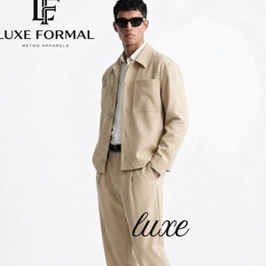 Men's Beige Two Piece Set | Minimalist Chore Jacket and Pleated Trouser Cord Set | Smart Casual Monochromatic Outfit |