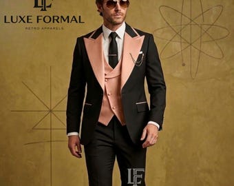 Men's 3-Piece Black Retro Suit with Peach Pink Wide Lapels | 1970s Vintage Style Flared Trousers Suit | Wedding Tuxedo