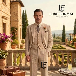 May include: A beige three-piece suit with a matching tie and pocket square. The suit is worn with brown and beige dress shoes. The image also shows brown suitcases and the text "LUXE FORMAL RETRO APPARELS".
