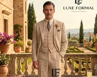 Herrkostym i beige linne från 40-talet, vintage | Utsvängda byxor, kavaj med vida slag, tidlös retrokostym med Gatsby-mönster