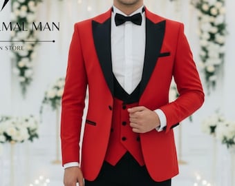 赤と黒のタキシードスーツ：スリムフィット3ピースウェディングスーツ