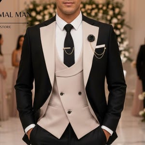 Abiti da uomo in cotone nero e crema, 3 pezzi: revers crema, occasioni formali