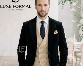 Abito da uomo in velluto nero con gilet doppiopetto color champagne / Smoking da sposo vintage / Abito da ballo su misura a 3 pezzi / Abbigliamento formale
