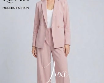 Conjunto de traje de dos piezas rosa para mujer / Blazer de corte sastre de un solo botón y pantalón de pierna ancha / Tejido de licra sin arrugas