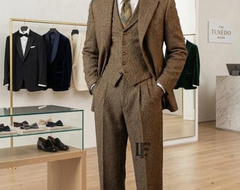 Bruin tweed driedelig herenpak | Vintage wollen pak met visgraatmotief | Rustieke trouwoutfit voor de bruidegom | Klassieke getailleerde pasvorm