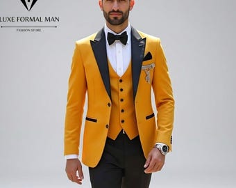 Men Suits Mustard Tuxedo: Slim Fit Elegant 3-Piece Suit