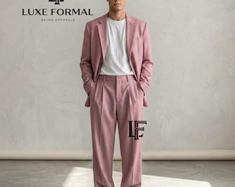 Men's Relaxed Fit | 2-Piece Casual Deep Light Pink | Wide Leg Trousers & Oversized Blazer | Modern Wedding Prom Suit