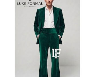 Men's 70s Green Velvet Suit | High Waisted  Bell Bottom Trousers, Wide Lapel Jacket, Retro Boho Outfit