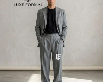 Men’s Light Grey Striped Relaxed Fit Suit | Casual 2-Piece Summer Wedding Suit with Wide Leg Trousers Baggy Fit