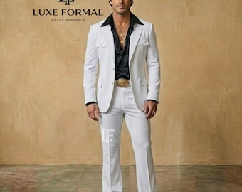 Men's 1970s Vintage White Lycra Leisure Suit | Retro 4 Pocket 2-Piece Set with Flared Bell Bottom Pants | Tailored Disco Outfit
