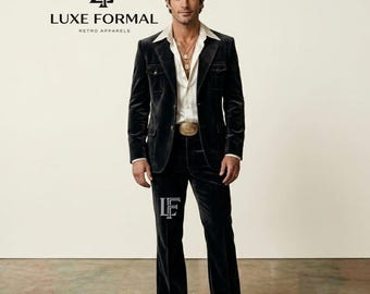Men's 1970s Vintage Black Velvet Leisure Suit | Retro 4 Pocket 2-Piece Set with Flared Bell Bottom Pants | Tailored Disco Outfit