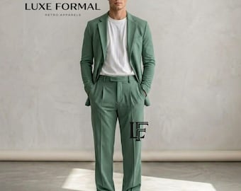 メンズ セージグリーン ツーピーススーツ | カジュアルな夏の結婚式用新郎スーツ | ゆったりとしたプリーツパンツとブレザー