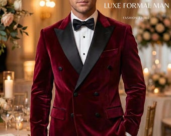 May include: A burgundy velvet double-breasted blazer with black lapels and buttons. The blazer is paired with a black bow tie and black trousers. The text "LUXE FORMAL MAN FASHION STORE" is visible.