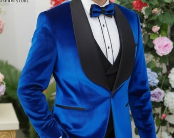Royal Blue Velvet Tuxedo: 3-Piece Black Shawl Lapel Suit