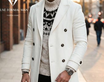 Men's Double-Breasted White Wool Trench Coat with Black Buttons — Refined Winter Formalwear
