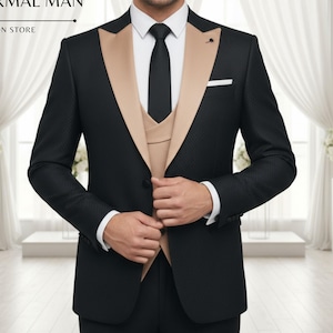 Schwarze 3-teilige Herrenanzüge: Hellbraune Weste und Revers mit schwarzer langer Krawatte für formelle Anlässe-Luxe