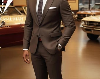Men's Brown Cotton Suit - Slim Fit Elegant Wedding Suit, Long Tie