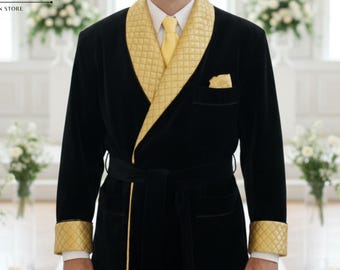 Men's Black Velvet Robe Jacket – Yellow Quilted Lapel, Handcrafted Formalwear