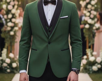 Traje de esmoquin de tres piezas verde bosque para hombre / Traje de boda negro con solapa de chal / Traje de novio verde esmeralda