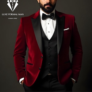 May include: A formal suit ensemble featuring a burgundy velvet blazer with black lapels, a black waistcoat, and black trousers. The outfit includes a white dress shirt and a black bow tie. The text "LUXE FORMAL MAN FASHION STORE" is visible.