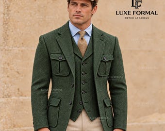Men's Dark Green Tweed 3-Piece Suit | Herringbone Vintage Style Suit | Bespoke Retro Formal Wear | Classic Winter Menswear