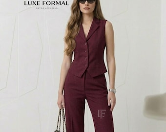 Women Burgundy 2-Piece Waistcoat Suit | Tailored Notch Lapel Vest and Wide Leg Flared Trousers Set | Formal Event & Office Wear