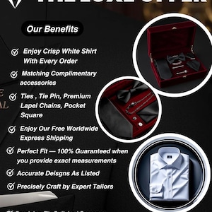 May include: A promotional graphic titled THE LUXE OFFER featuring a crisp white dress shirt and a red velvet box containing black accessories including a bow tie, necktie, pocket square, lapel chains, and tie pins, with a list of benefits provided.