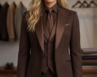 Women's 3-Piece Chocolate Brown Suit | Custom Tailored Formal Wear | Wedding Tuxedo, Prom & Business Pantsuit with Satin Shawl Lapel