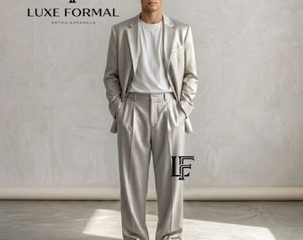 Men's Silver Grey Summer Suit | Relaxed Fit 2-Piece Suit | Wide Leg Trousers & Slouchy Blazer | Casual Beach Wedding Suit
