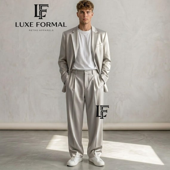 Men's Silver Grey Summer Suit | Relaxed Fit 2-Piece Suit | Wide Leg Trousers & Slouchy Blazer | Casual Beach Wedding Suit