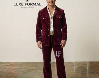 Men's 1970s Vintage Wine Velvet Leisure Suit | Retro 4 Pocket 2-Piece Set with Flared Bell Bottom Pants | Tailored Disco Outfit