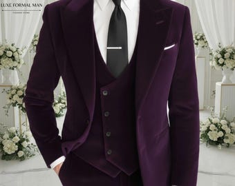 Traje de hombre de terciopelo morado de 3 piezas: esmoquin morado con solapa de muesca y corbata larga negra.