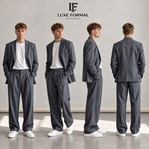 May include: A charcoal gray suit consisting of a single-breasted blazer and matching trousers, worn over a plain white t-shirt. The set is displayed from four angles, including front, side, and back views, with the Luxe Formal logo at the top.