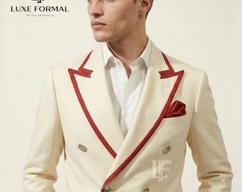 Weißer Zweireihiger Herren-Blazer mit roter Paspelierung | Vintage Adrette Nautische Anzugjacke | Klassische Abendkleidung