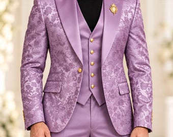 Men's Light Purple Floral Jacquard 3-Piece Suit - Slim Fit Wedding Tuxedo for Groom, Groomsmen & Prom