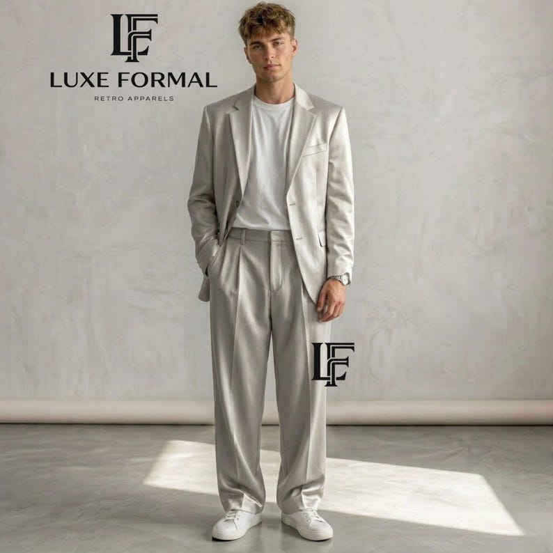 Puede incluir: Un traje gris claro con una americana a juego y pantalones de pinzas. El traje se combina con una camiseta blanca y zapatillas blancas. La imagen incluye el texto "LUXE FORMAL RETRO APPARELS".