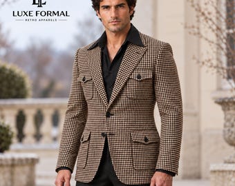 Men’s Brown Houndstooth Safari Jacket & Black Trousers, Retro 2-Piece Suit, Four-Pocket Blazer, 70s Wedding Outfit