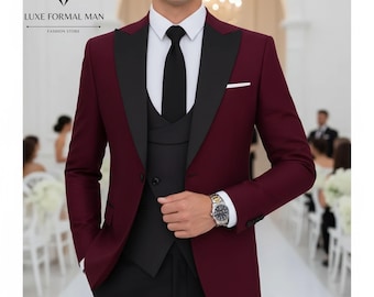 赤と黒のタキシードスーツ：スリムフィット3ピースウェディングスーツ