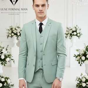 Men's Light Sage Green 3-Piece Suit Slim Fit Modern Wear – Cotton Lycra, Formal Occasion Groom