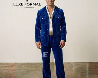 Herren 1970er Jahre Vintage Royal Blauer Samt Freizeitanzug | Retro 4 Pocket 2-teiliges Set mit Schlaghose Schlaghose | Maßgeschneidertes Disco-Outfit