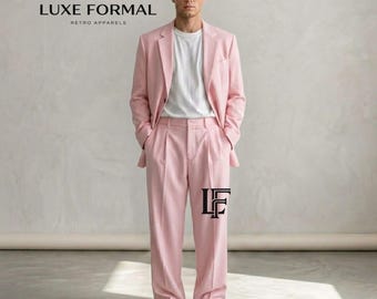 Light Pink Relaxed Fit Suit for Men | 2-Piece Casual Summer Suit | Wide Leg Pleated Trousers