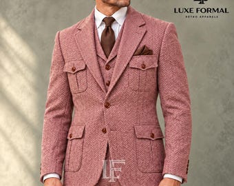 Men’s Dusty Pink Herringbone 3-Piece Safari Suit, Four-Pocket Jacket & Waistcoat, Vintage-Inspired Wedding Suit