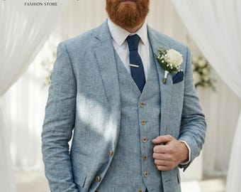Men's Sky Blue Linen Suit – Slim Fit 3-Piece Wedding Groom Attire