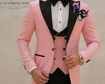 Men Suits Light Pink 3-Piece Suit: Slim Fit Black Lapel Formal Wear