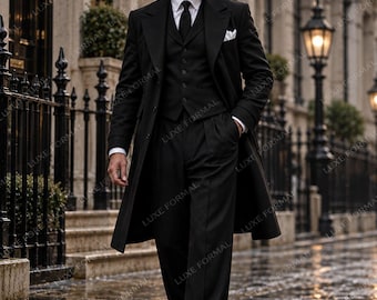 Men’s Black Wool Tweed 3-Piece Long Coat Suit, Peak Lapel Overcoat, Waistcoat & Pleated Trousers, Vintage-Inspired Wedding Outfit