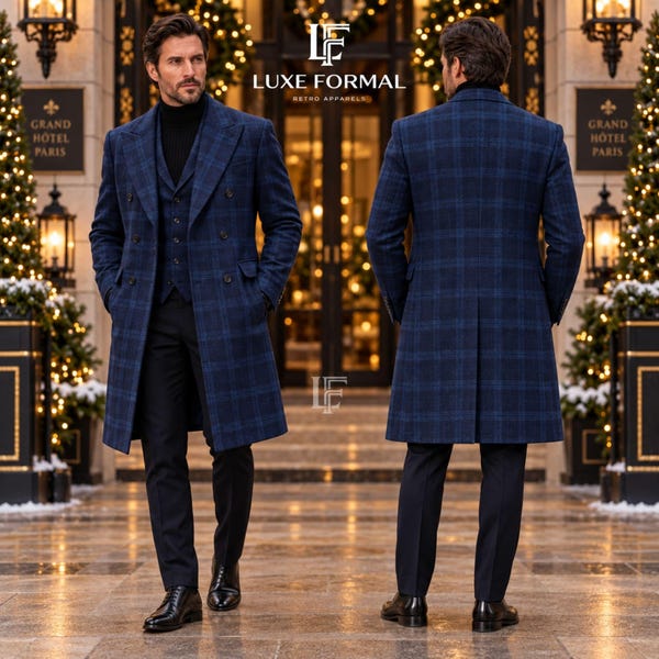 Men's Blue Plaid Double Breasted Overcoat with Matching Waistcoat | Custom Tailored Winter Trench Coat | Classic Windowpane Check Jacket