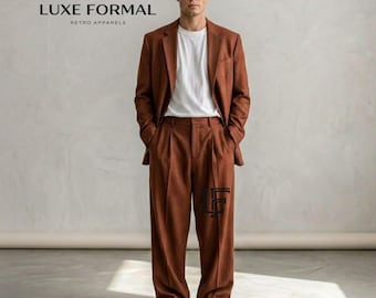 Men's Rust Brown 2-Piece Suit | Casual Summer Wedding Groom Suit | Relaxed Fit Pleated Trousers & Blazer