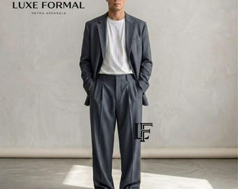 Men's Charcoal Grey Summer Suit | Relaxed Fit 2-Piece Suit | Wide Leg Trousers & Slouchy Blazer | Casual Beach Wedding Suit
