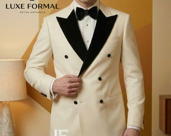 Men's 1970s Retro Off White Tuxedo | Double Breasted Jacket with Wide Black Velvet Lapels & Flared Pants | Vintage Prom Wedding Suit