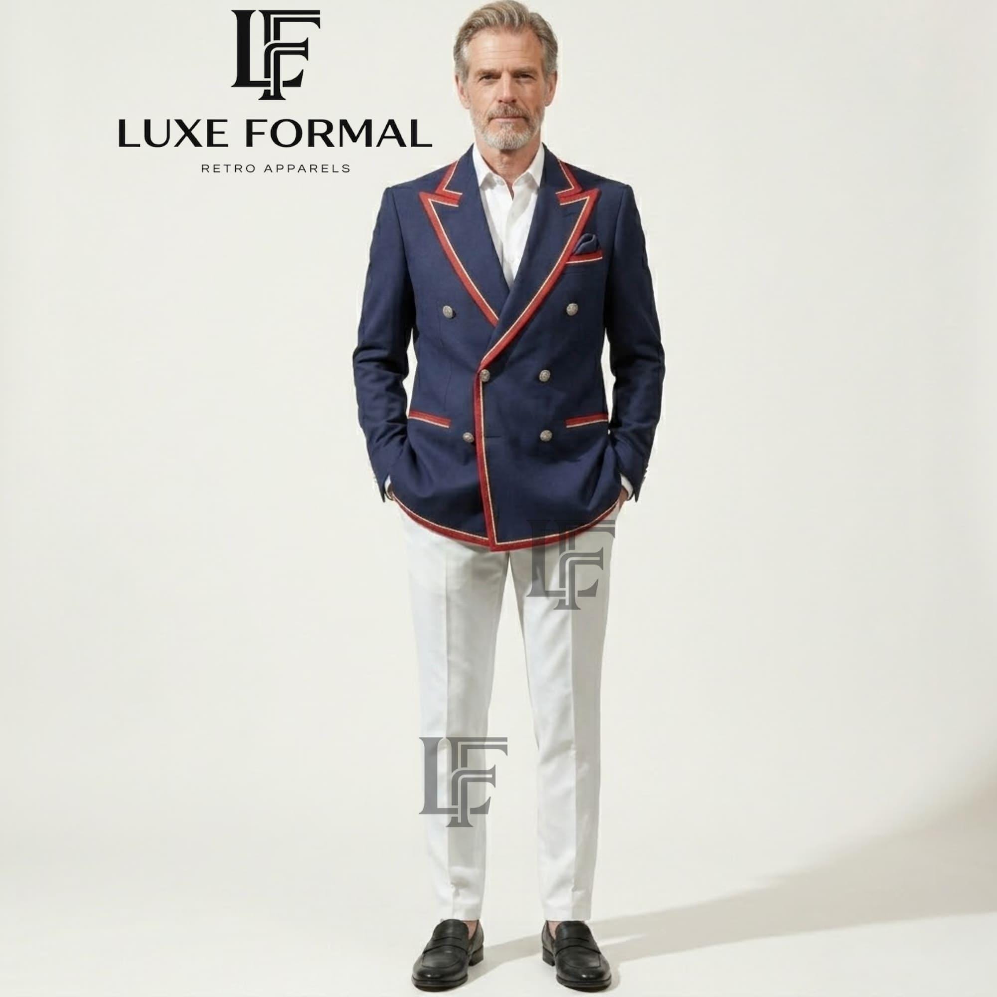 Men's Navy Blue Double Breasted Blazer with Red Piping Vintage Preppy Nautical Suit Jacket Classic Peak Lapel Formal Wear